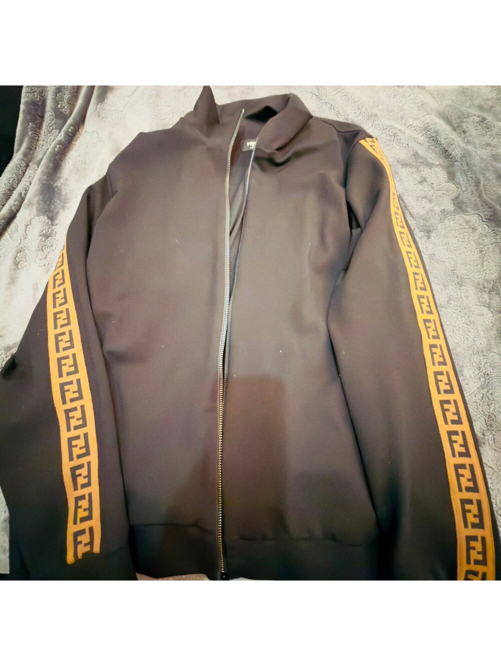 Fendi Black Track Jacket with Brown Logo Stripe Sleeves